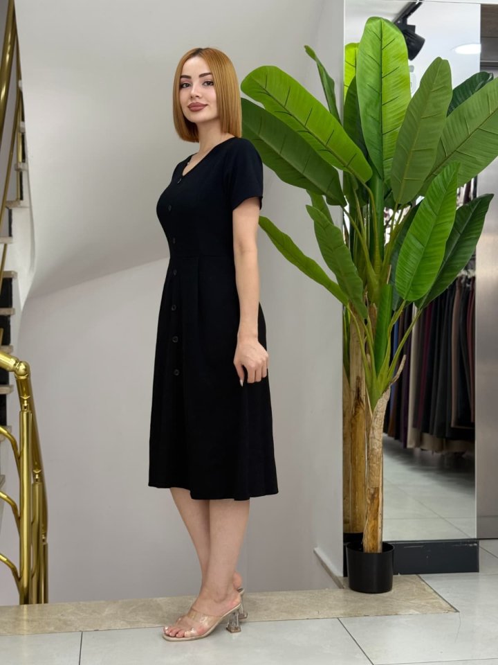 Kadın Kısa Kollu V Yakalı önden Düğmeli A Kesim Dokuma Elbise - Görsel 5