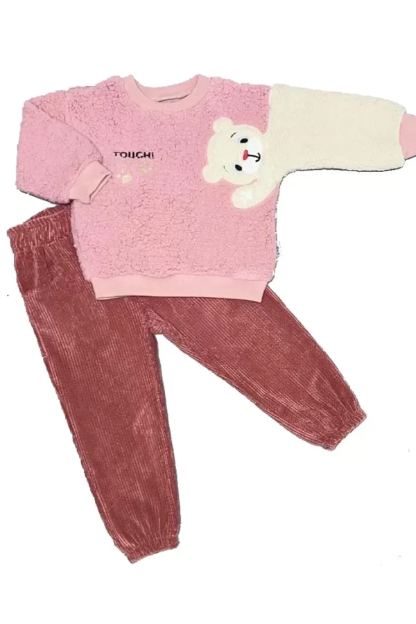 1-2-3 Ayıcık Kollu Kuzu Kumaş Sweat Kadife Pantolonlu Kız-erkek 2li Çocuk Takımı Gül Kurusu