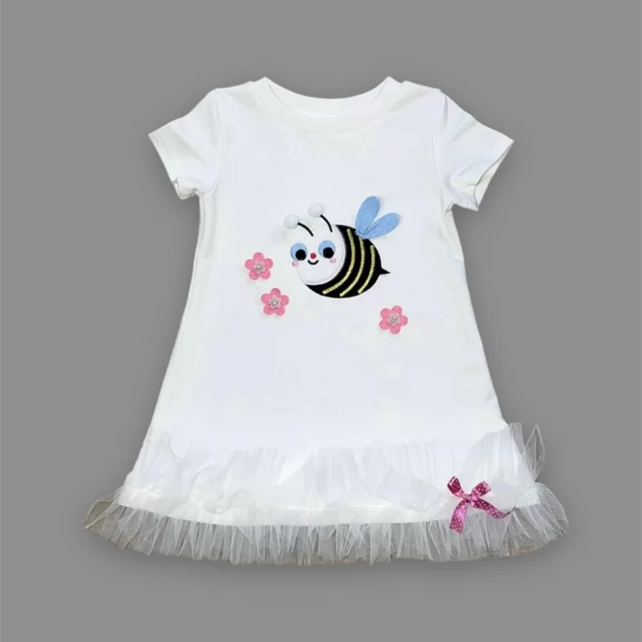 1-2-3 Yaş Arıcık Nakışlı Eteği Fırfırlı Jile Kız Çocuk Elbisesi - Görsel 2