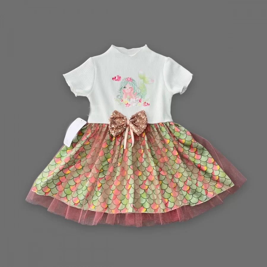 1-2-3 Yaş Denizkızı Baskılı Pul Desen Etekli Kız Bebek Elbisesi - Görsel 2