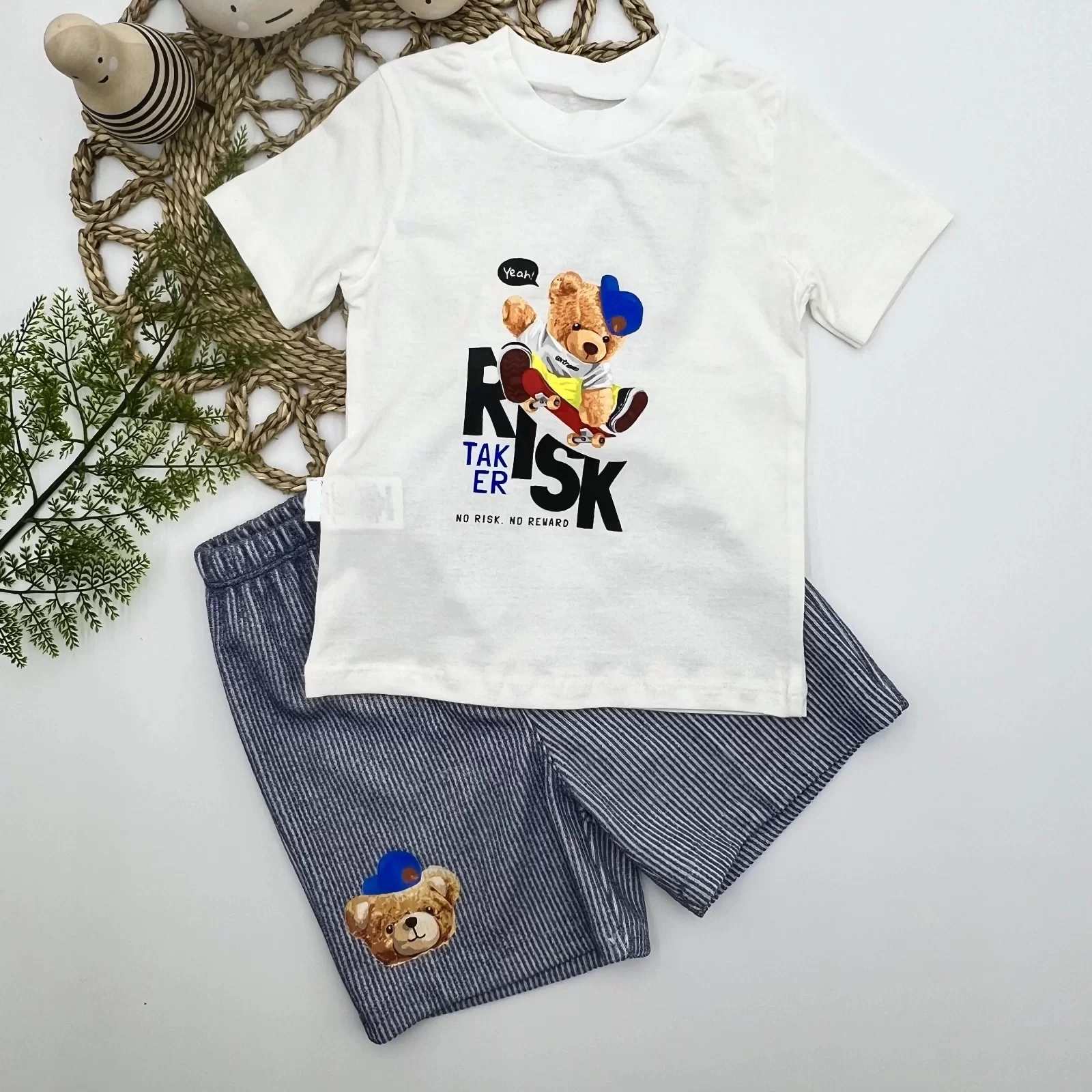 1-2-3 Yaş Kaykaycı Ayı Baskılı Şortlu Kısa Kollu Tişört 2li Erkek Bebek Takımı - Görsel 2