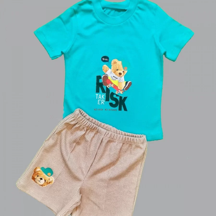 1-2-3 Yaş Kaykaycı Ayı Baskılı Şortlu Kısa Kollu Tişört 2li Erkek Bebek Takımı - Görsel 2