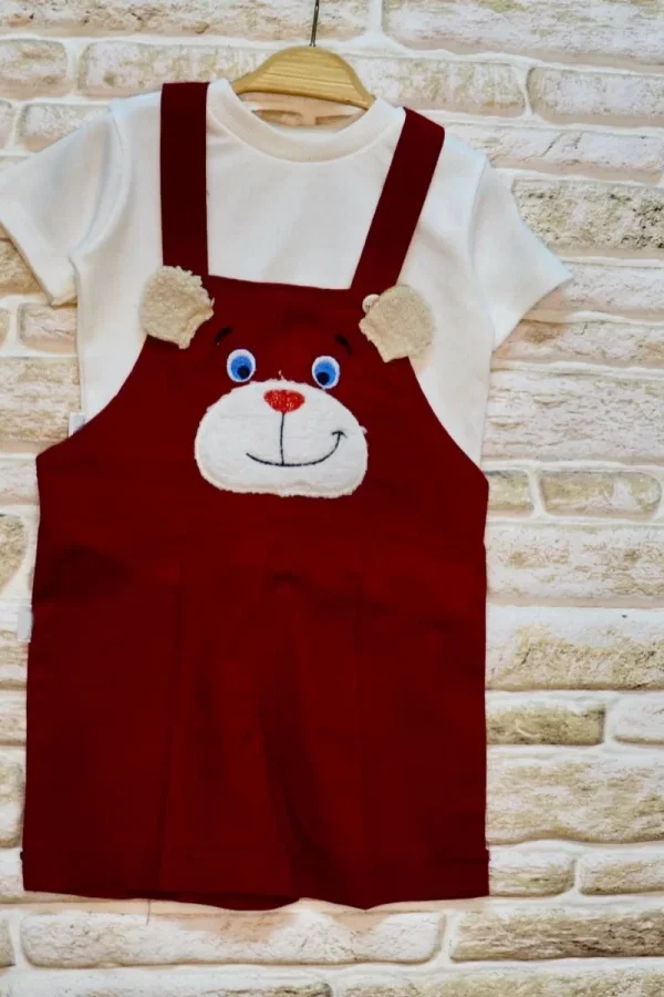1-2-3 Yaş Keten Kumaş Tişörtlü Ayıcık Nakışlı Şort 2li Kız Erkek Bebek Salopet Takımı