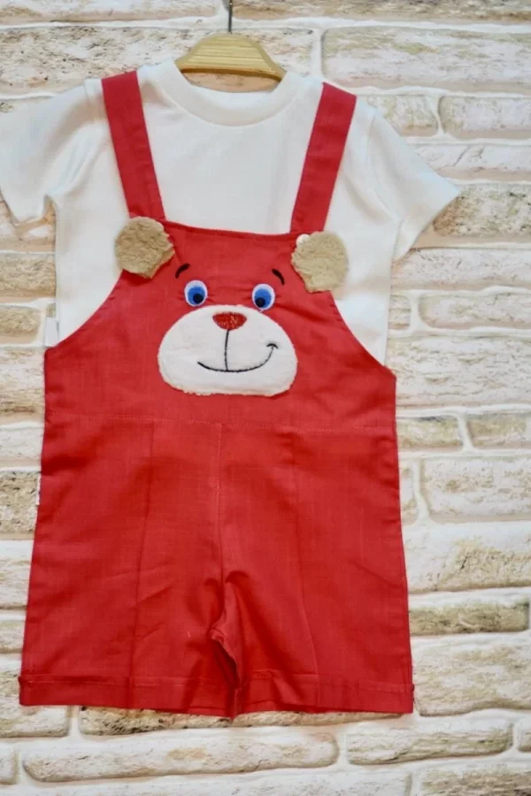1-2-3 Yaş Keten Kumaş Tişörtlü Ayıcık Nakışlı Şort 2li Kız Erkek Bebek Salopet Takımı