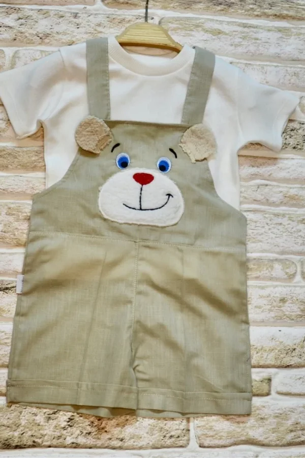 1-2-3 Yaş Keten Kumaş Tişörtlü Ayıcık Nakışlı Şort 2li Kız Erkek Bebek Salopet Takımı