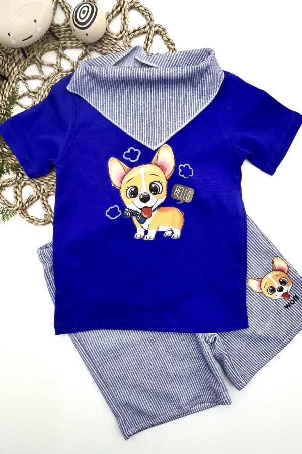1-2-3 Yaş Köpekçik Baskılı Flarlı Şortlu Kısa Kollu Tişört 3lü Erkek Bebek Takımı İndigo