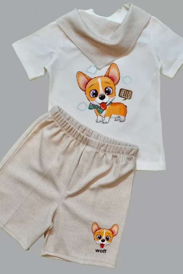 1-2-3 Yaş Köpekçik Baskılı Flarlı Şortlu Kısa Kollu Tişört 3lü Erkek Bebek Takımı Bej