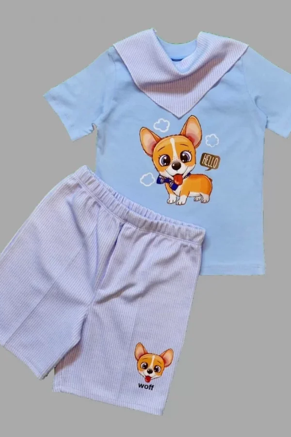 1-2-3 Yaş Köpekçik Baskılı Flarlı Şortlu Kısa Kollu Tişört 3lü Erkek Bebek Takımı Mavi