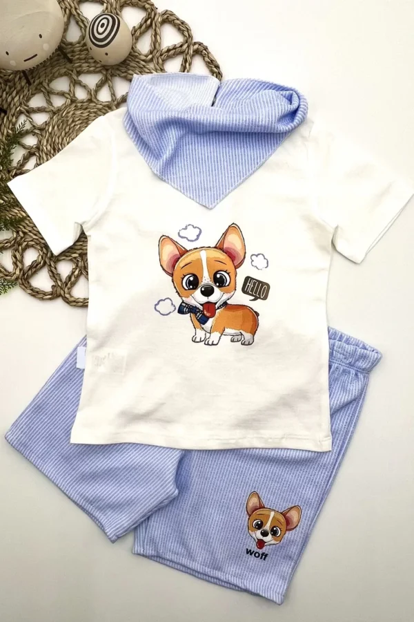 1-2-3 Yaş Köpekçik Baskılı Flarlı Şortlu Kısa Kollu Tişört 3lü Erkek Bebek Takımı Ekru