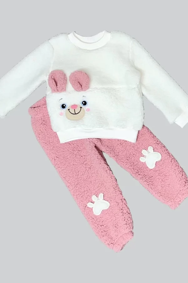 1-2-3 Yaş Kulaklı Patili Ayıcık Kuzu Kumaş Sweat Patili Pantolon Uzun Kollu Kız Erkek 2 Li Takımı Gül Kurusu