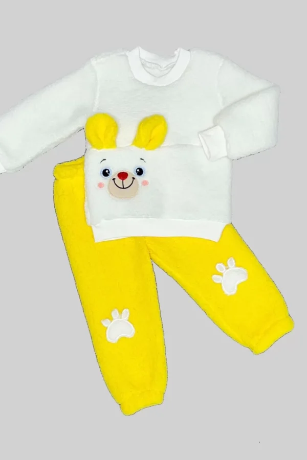 1-2-3 Yaş Kulaklı Patili Ayıcık Kuzu Kumaş Sweat Patili Pantolon Uzun Kollu Kız Erkek 2 Li Takımı Sarı