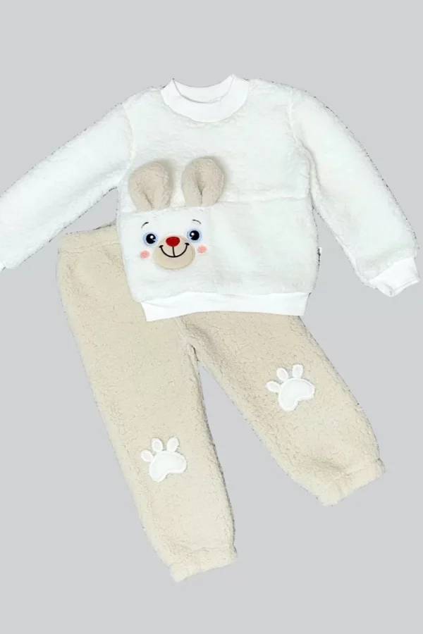 1-2-3 Yaş Kulaklı Patili Ayıcık Kuzu Kumaş Sweat Patili Pantolon Uzun Kollu Kız Erkek 2 Li Takımı Krem