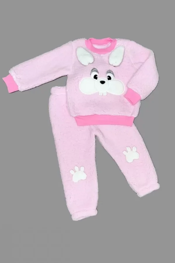 1-2-3 Yaş Kulaklı Tavşan Figürlü Kuzu Kumaş Sweat Pantolon Uzun Kollu Kız Erkek 2 Li Takımı Pembe