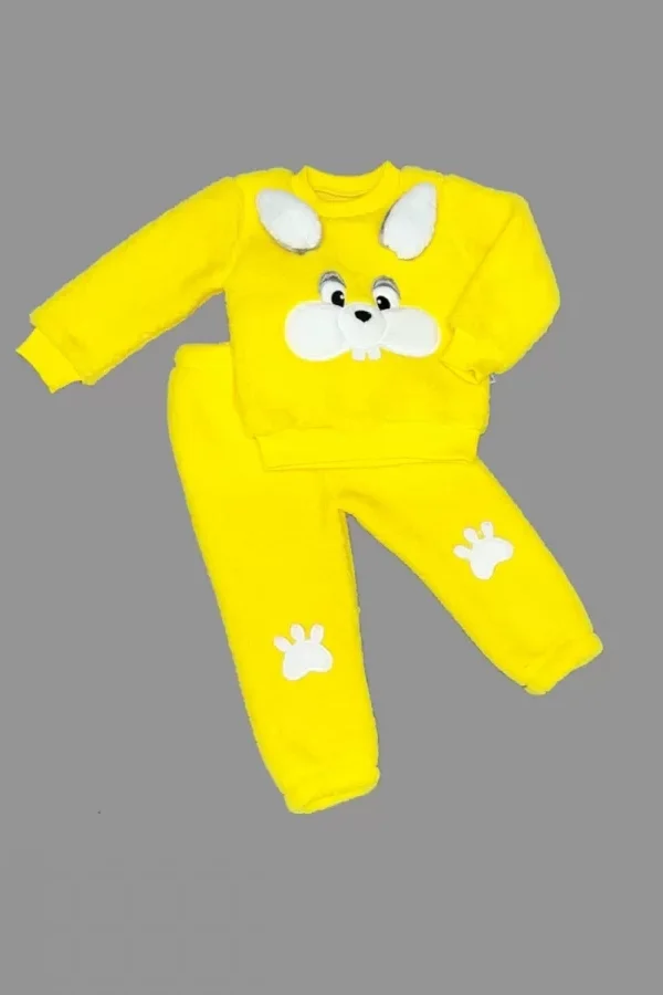 1-2-3 Yaş Kulaklı Tavşan Figürlü Kuzu Kumaş Sweat Pantolon Uzun Kollu Kız Erkek 2 Li Takımı Sarı