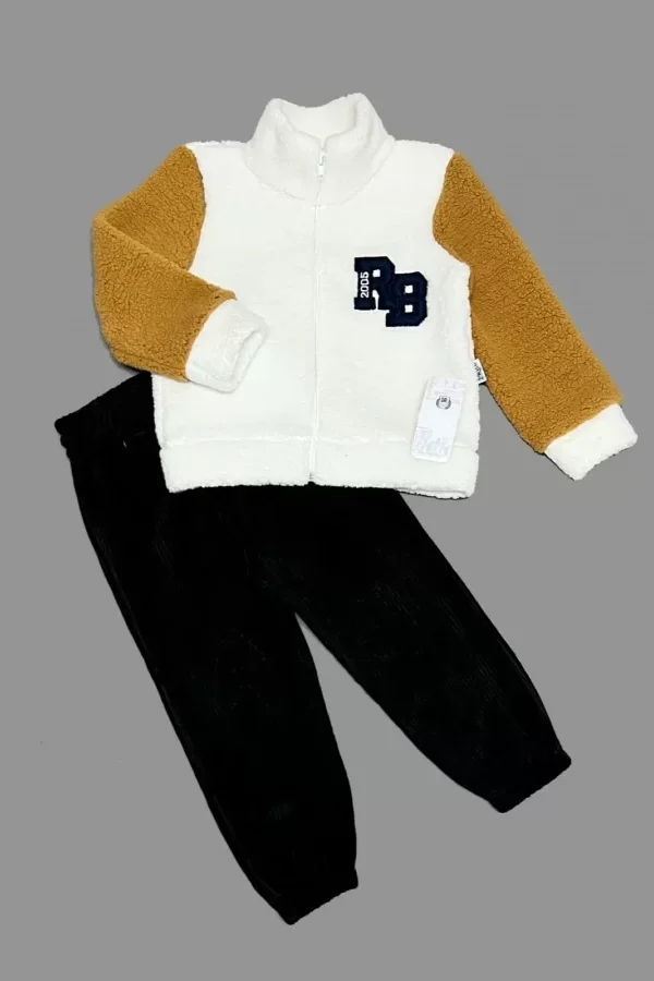 1-2-3 Yaş Kuzu Kumaş Fermuarlı Sweat Kadife Pantolonlu Uzun Kollu Kız Erkek Çocuk 2li Takım Siyah
