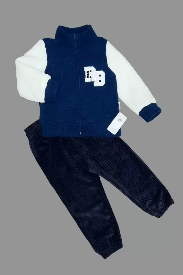 1-2-3 Yaş Kuzu Kumaş Fermuarlı Sweat Kadife Pantolonlu Uzun Kollu Kız Erkek Çocuk 2li Takım Lacivert