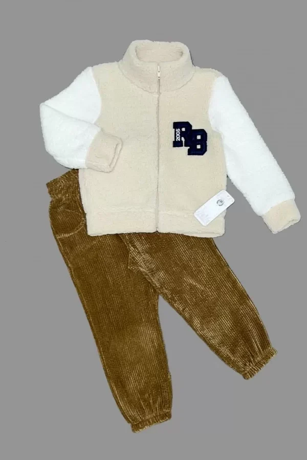 1-2-3 Yaş Kuzu Kumaş Fermuarlı Sweat Kadife Pantolonlu Uzun Kollu Kız Erkek Çocuk 2li Takım Bej