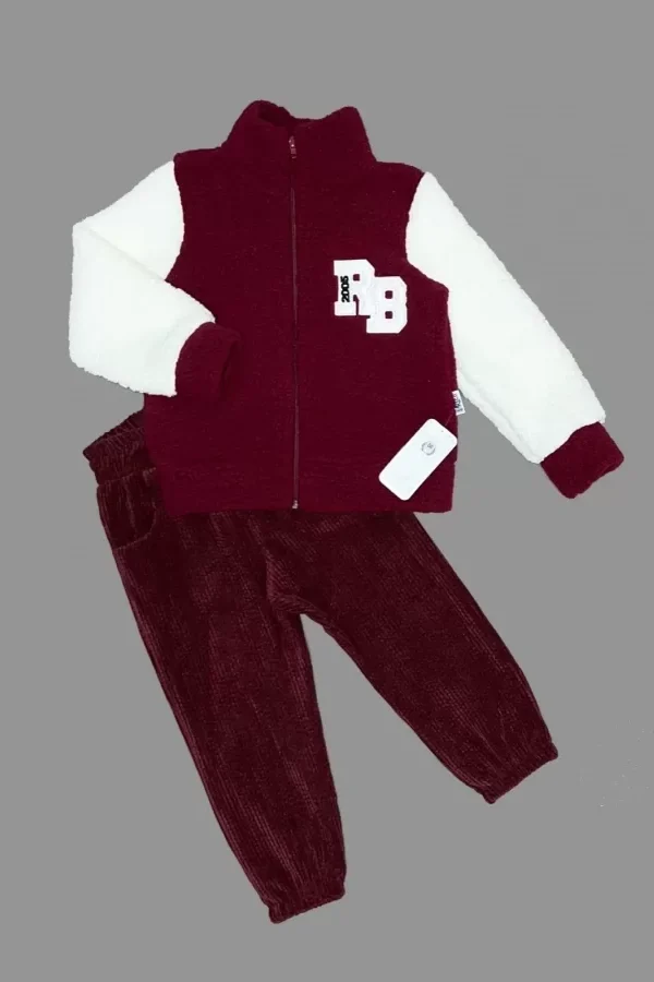 1-2-3 Yaş Kuzu Kumaş Fermuarlı Sweat Kadife Pantolonlu Uzun Kollu Kız Erkek Çocuk 2li Takım Bordo