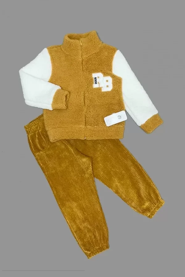 1-2-3 Yaş Kuzu Kumaş Fermuarlı Sweat Kadife Pantolonlu Uzun Kollu Kız Erkek Çocuk 2li Takım Hardal
