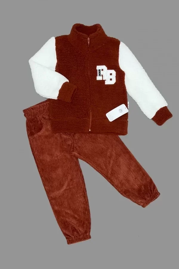 1-2-3 Yaş Kuzu Kumaş Fermuarlı Sweat Kadife Pantolonlu Uzun Kollu Kız Erkek Çocuk 2li Takım Kahverengi