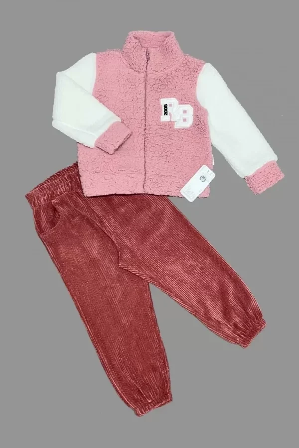 1-2-3 Yaş Kuzu Kumaş Fermuarlı Sweat Kadife Pantolonlu Uzun Kollu Kız Erkek Çocuk 2li Takım Gül Kurusu