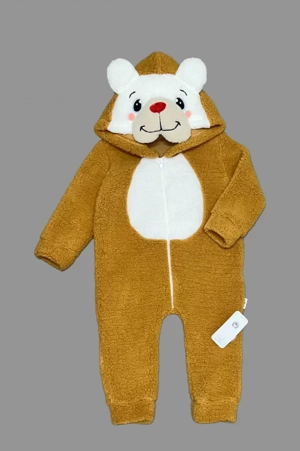 1-2-3 Yaş Kuzu Kumaş Ponpon Burun Ayıcık Nakışlı Uzun Kollu Kız Erkek Bebek Tulumu