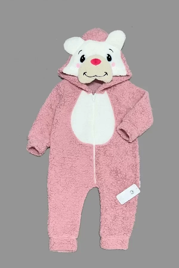 1-2-3 Yaş Kuzu Kumaş Ponpon Burun Ayıcık Nakışlı Uzun Kollu Kız Erkek Bebek Tulumu