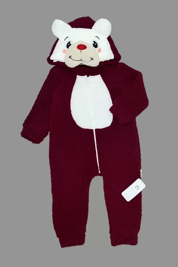 1-2-3 Yaş Kuzu Kumaş Ponpon Burun Ayıcık Nakışlı Uzun Kollu Kız Erkek Bebek Tulumu