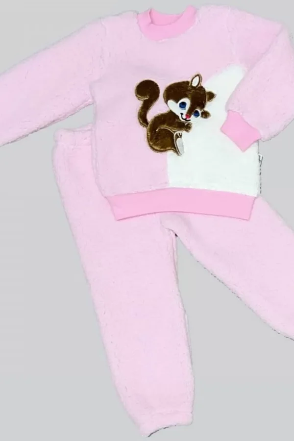 1-2-3 Yaş Masum Yavru Sincap Nakışlı Kuzu Kumaş Sweat Pantolon 2li Kız Erkek Bebek Takımı