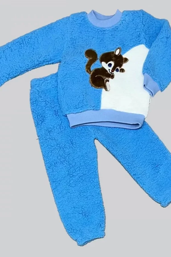 1-2-3 Yaş Masum Yavru Sincap Nakışlı Kuzu Kumaş Sweat Pantolon 2li Kız Erkek Bebek Takımı