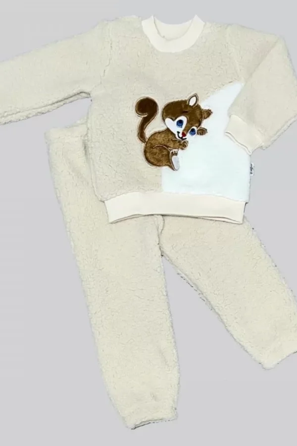 1-2-3 Yaş Masum Yavru Sincap Nakışlı Kuzu Kumaş Sweat Pantolon 2li Kız Erkek Bebek Takımı