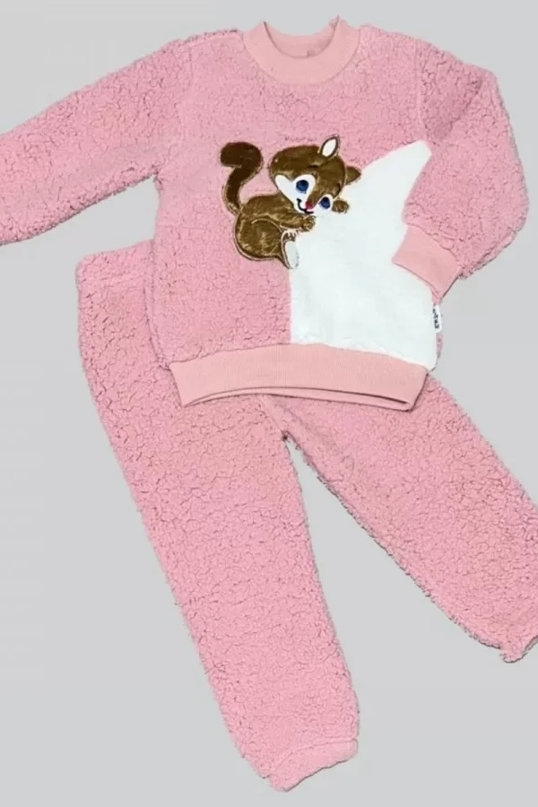 1-2-3 Yaş Masum Yavru Sincap Nakışlı Kuzu Kumaş Sweat Pantolon 2li Kız Erkek Bebek Takımı