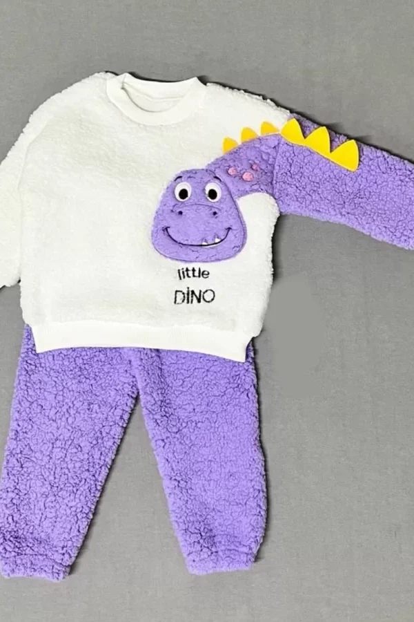 1-2-3 Yaş Minik Dino Kollu Kuzu Kumaş Sweat Pantolon Uzun Kollu Kız Erkek 2 Li Takımı Lila