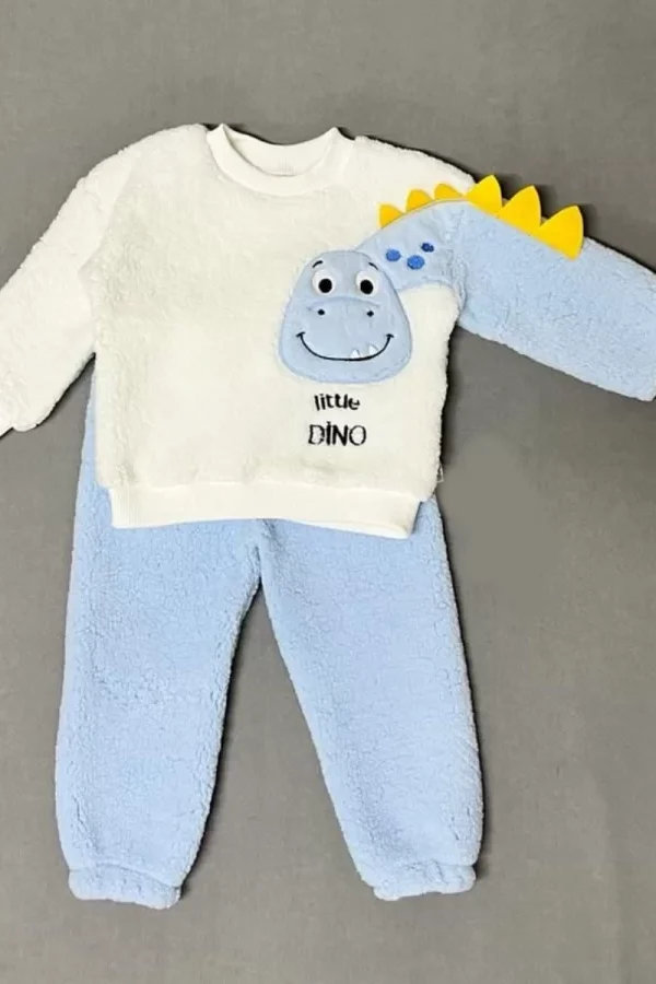 1-2-3 Yaş Minik Dino Kollu Kuzu Kumaş Sweat Pantolon Uzun Kollu Kız Erkek 2 Li Takımı Mavi