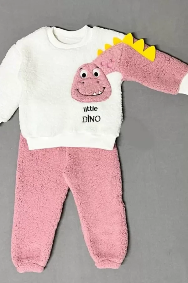 1-2-3 Yaş Minik Dino Kollu Kuzu Kumaş Sweat Pantolon Uzun Kollu Kız Erkek 2 Li Takımı Gül Kurusu