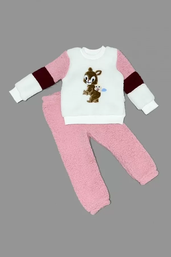 1-2-3 Yaş Oyuncu Sincap Nakışlı Kuzu Kumaş Sweat Pantolon Uzun Kollu Kız Erkek 2 Li Takımı