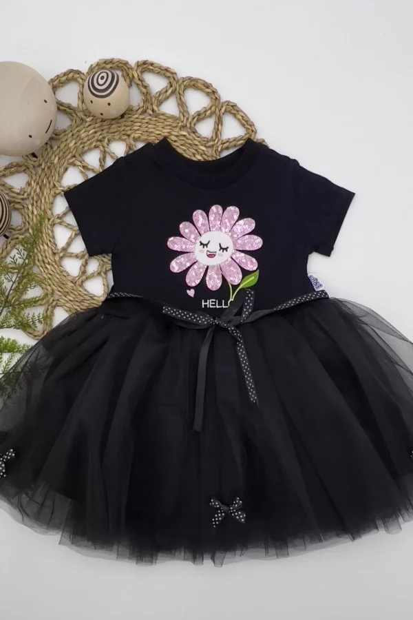 1-2-3 Yaş Payet Yapraklı Çiçek Nakışlı Astarlı Kız Bebek Tütü Elbisesi