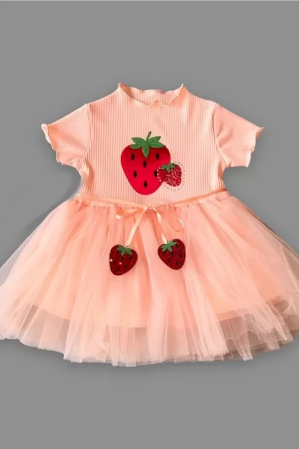 1-2-3 Yaş Payetli Çilek Baskılı Çilek Kuşaklı Kız Bebek Elbisesi