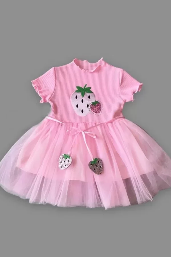 1-2-3 Yaş Payetli Çilek Baskılı Çilek Kuşaklı Kız Bebek Elbisesi
