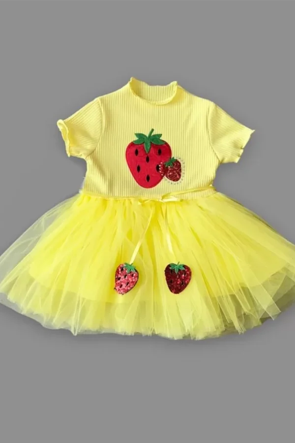 1-2-3 Yaş Payetli Çilek Baskılı Çilek Kuşaklı Kız Bebek Elbisesi