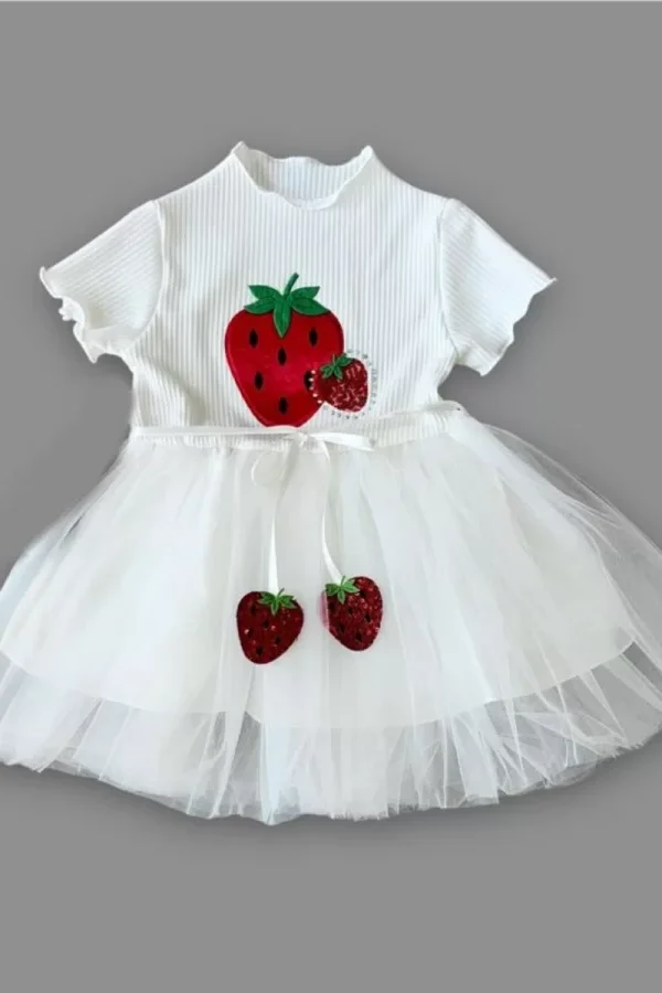 1-2-3 Yaş Payetli Çilek Baskılı Çilek Kuşaklı Kız Bebek Elbisesi