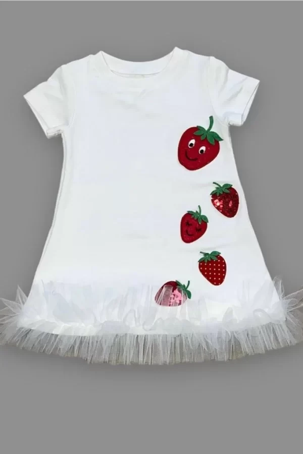 1-2-3 Yaş Payetli Çilekler Nakışlı Eteği Fırfırlı Jile Kız Çocuk Elbisesi