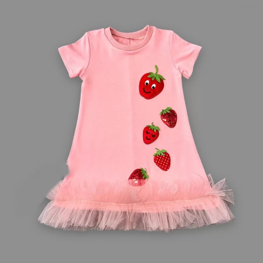 1-2-3 Yaş Payetli Çilekler Nakışlı Eteği Fırfırlı Jile Kız Çocuk Elbisesi - Görsel 2