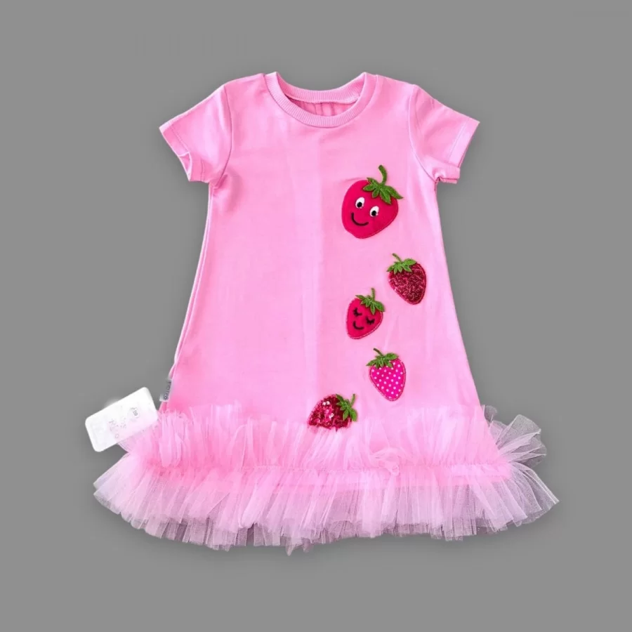 1-2-3 Yaş Payetli Çilekler Nakışlı Eteği Fırfırlı Jile Kız Çocuk Elbisesi - Görsel 2