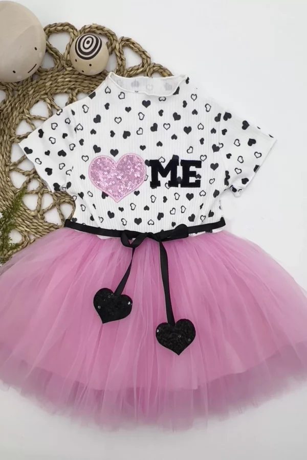 1-2-3 Yaş Payetli Kalp Me Baskılı Kız Bebek Elbisesi