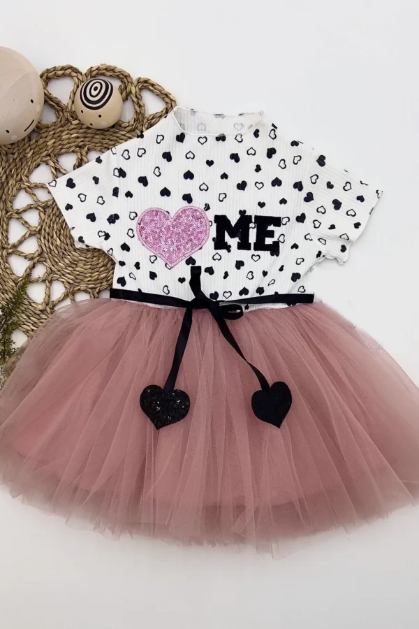 1-2-3 Yaş Payetli Kalp Me Baskılı Kız Bebek Elbisesi