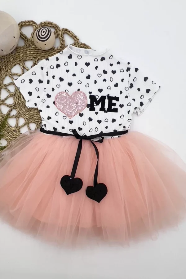 1-2-3 Yaş Payetli Kalp Me Baskılı Kız Bebek Elbisesi