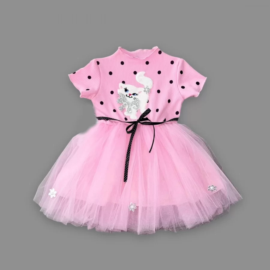 1-2-3 Yaş Payetli Kedicik Baskılı Puantiyeli Kız Bebek Elbisesi - Görsel 2