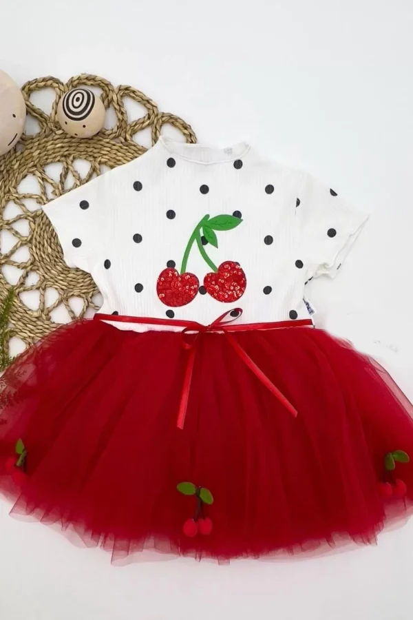 1-2-3 Yaş Payetli Kiraz Nakışlı Kiraz Etekli Kız Bebek Tütü Elbisesi