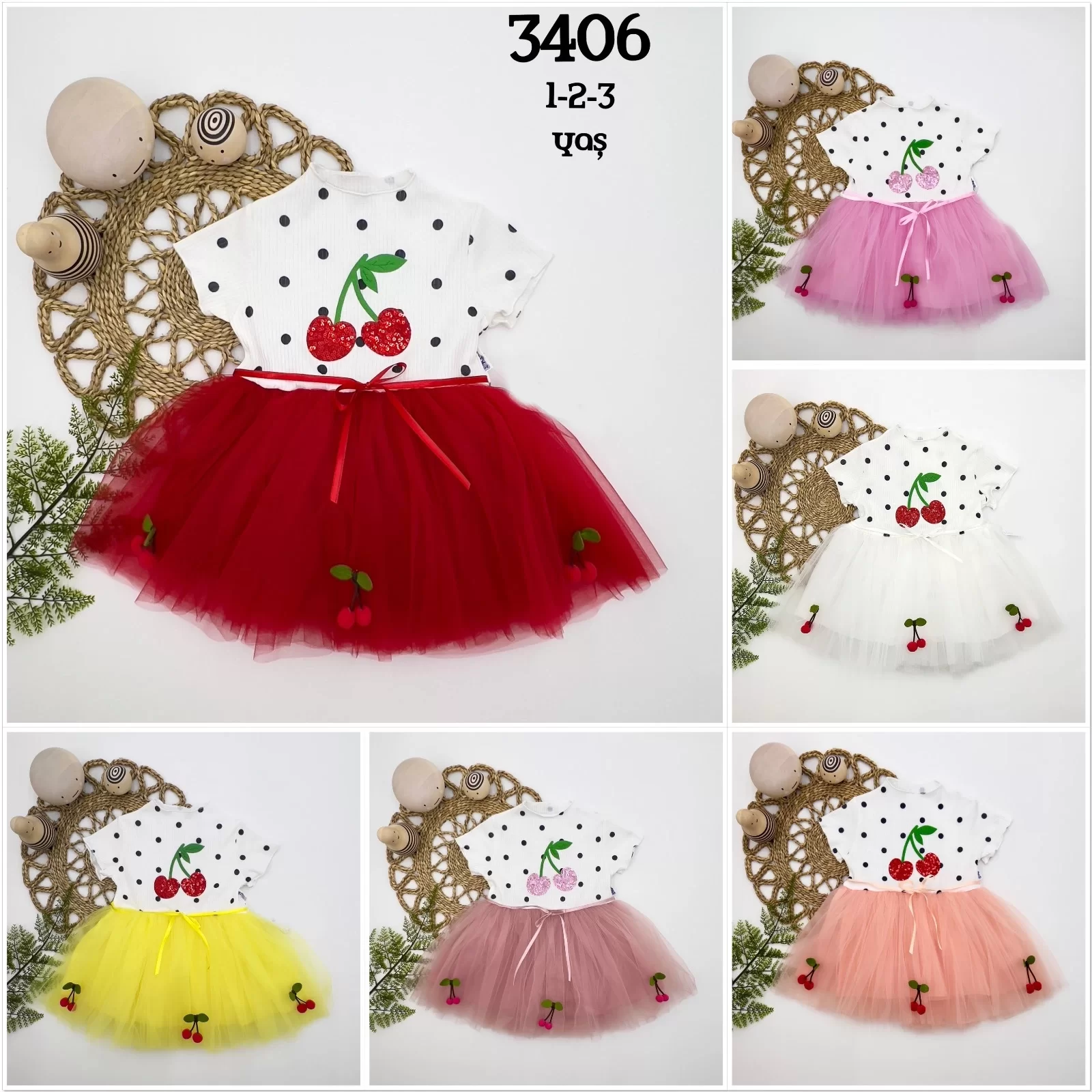 1-2-3 Yaş Payetli Kiraz Nakışlı Kiraz Etekli Kız Bebek Tütü Elbisesi - Görsel 3